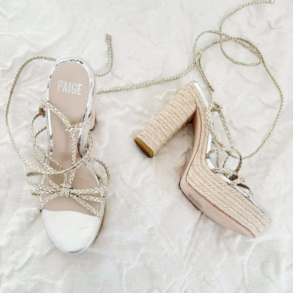 PAIGE Braided Metallic Ankle-Strap Platform Espadrilles Size 9 New